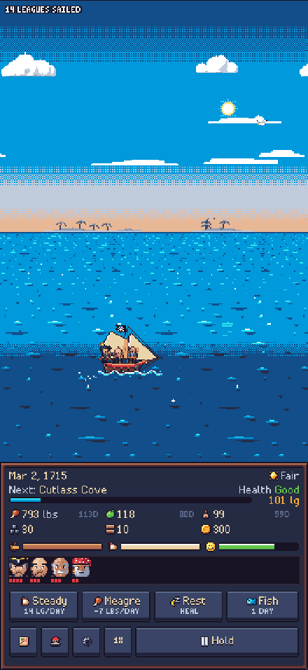The ship sailing on open sea with the supplies panel below